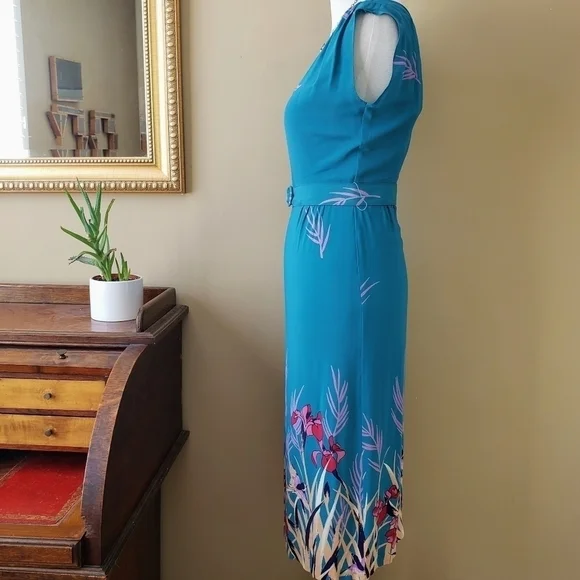 Vintage Turquoise Bird Iris Strapy Back Sheath Midi Dress Cap Sleeve Size Small - Picture 7 of 13